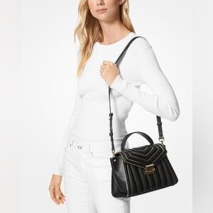 Michael Kors Whitney Gold Strips Quilted Top Handle Black Leather Satchel **RARE